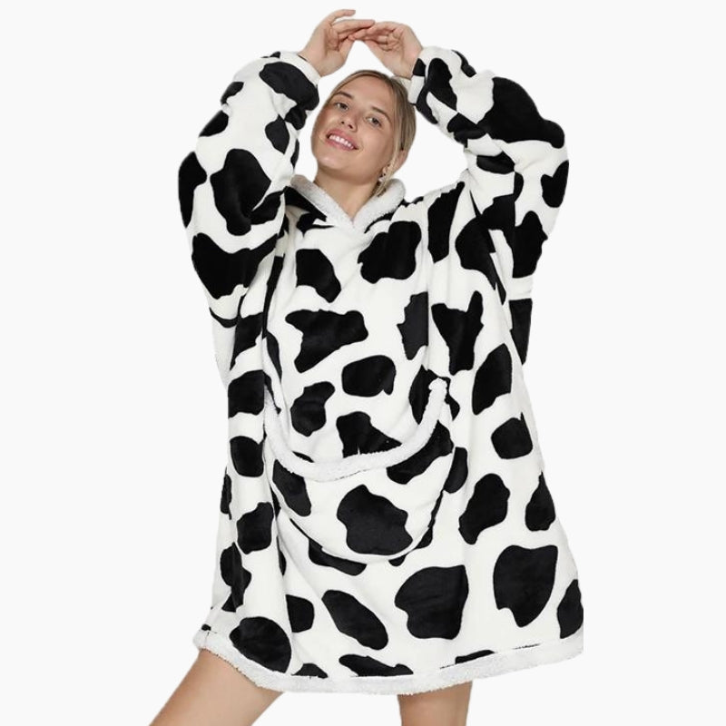 Vue de face d'un pull plaid vache avec poche kangourou