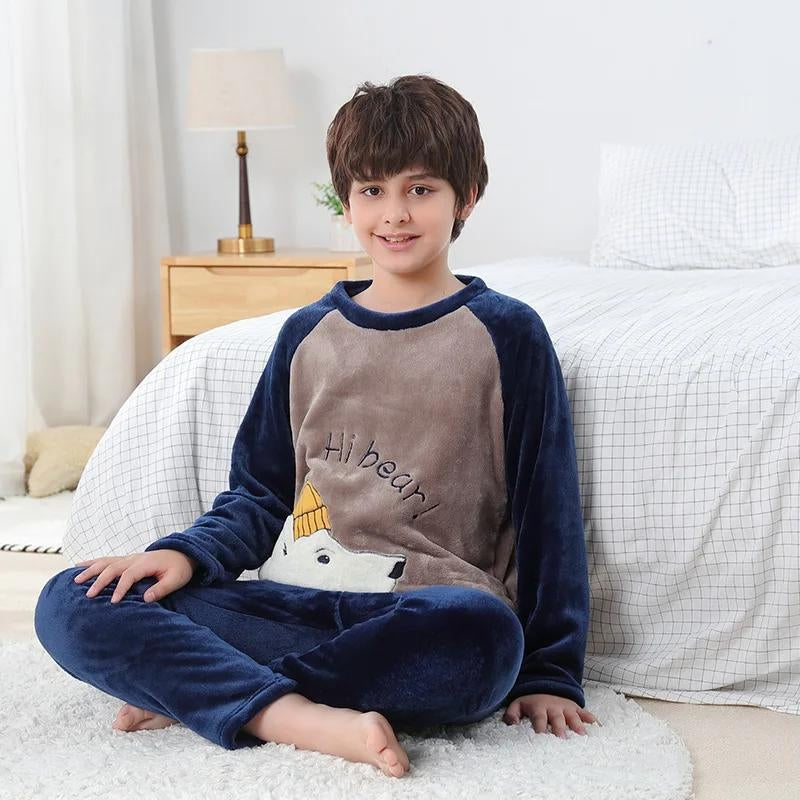Pyjama garçon polaire avec motif ours et inscription brodée