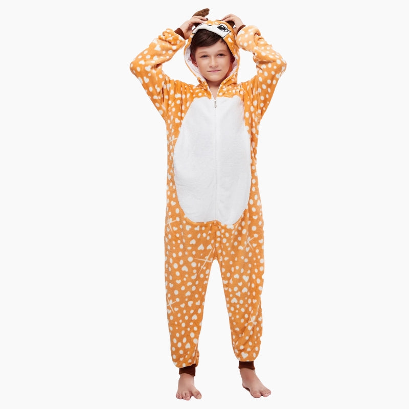 Combinaison enfant orange à motifs renne, capuche oreilles