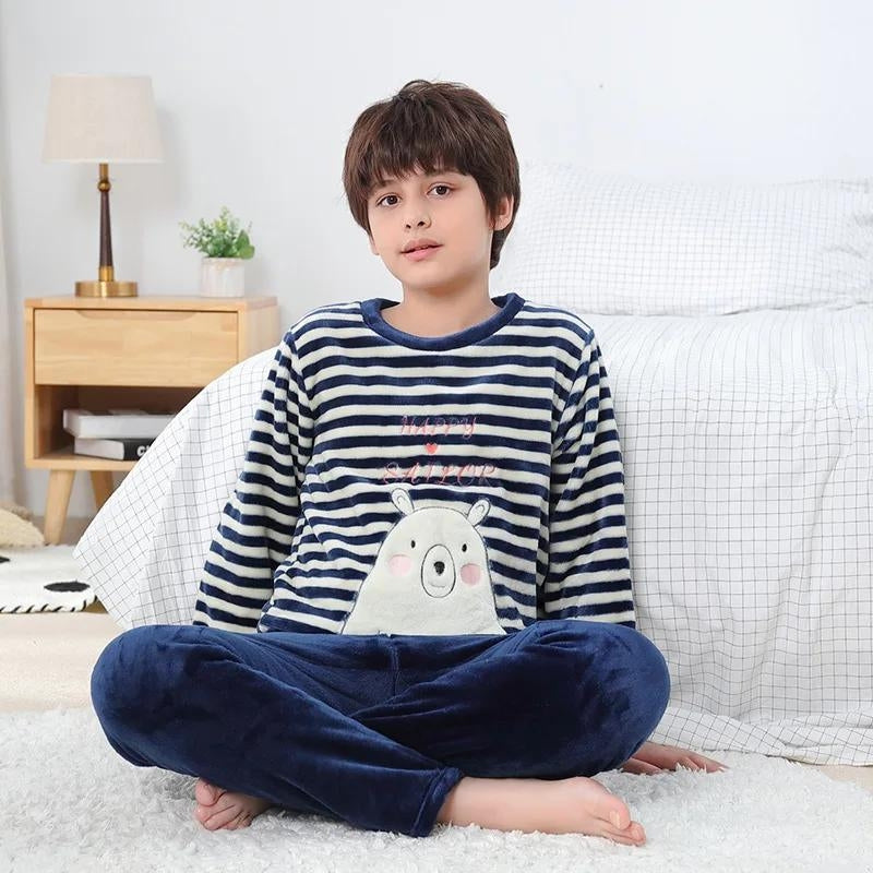 Pyjama garçon en polaire épaisse avec motif ours marinière