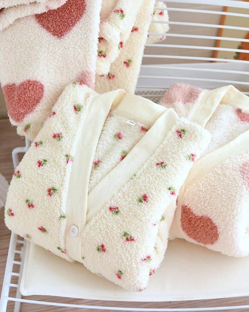 Bas de pyjama flanelle crème, motifs cœurs assortis au haut
