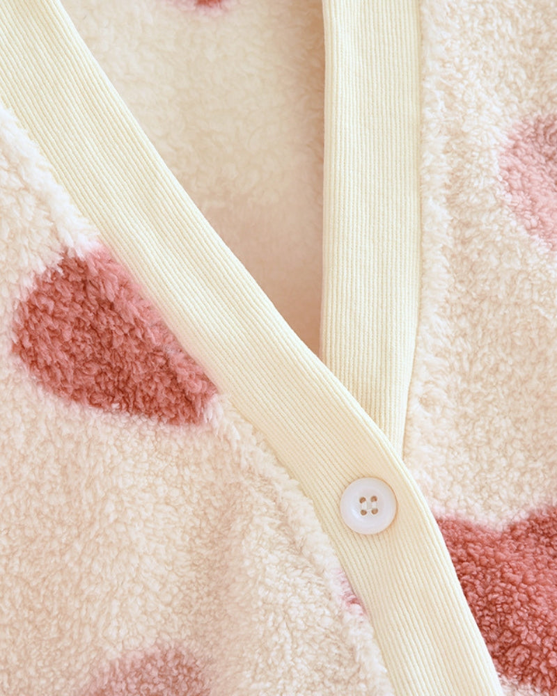 Pyjama flanelle crème, motifs cœurs, manches longues, coupe ample