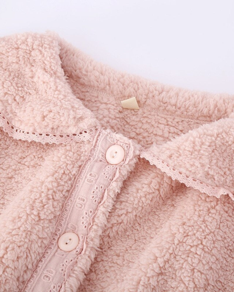Pyjama flanelle rose clair avec col replié et boutons