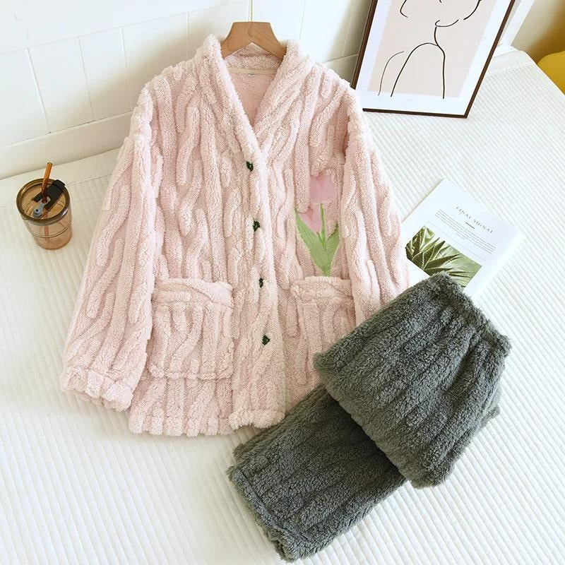 Pyjama femme fleuri rose et vert en Pilou Pilou