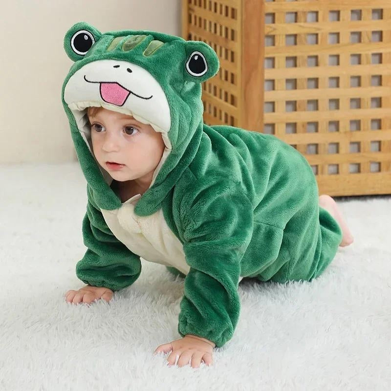 Pyjama grenouillère bébé vert avec capuche grenouille souriante
