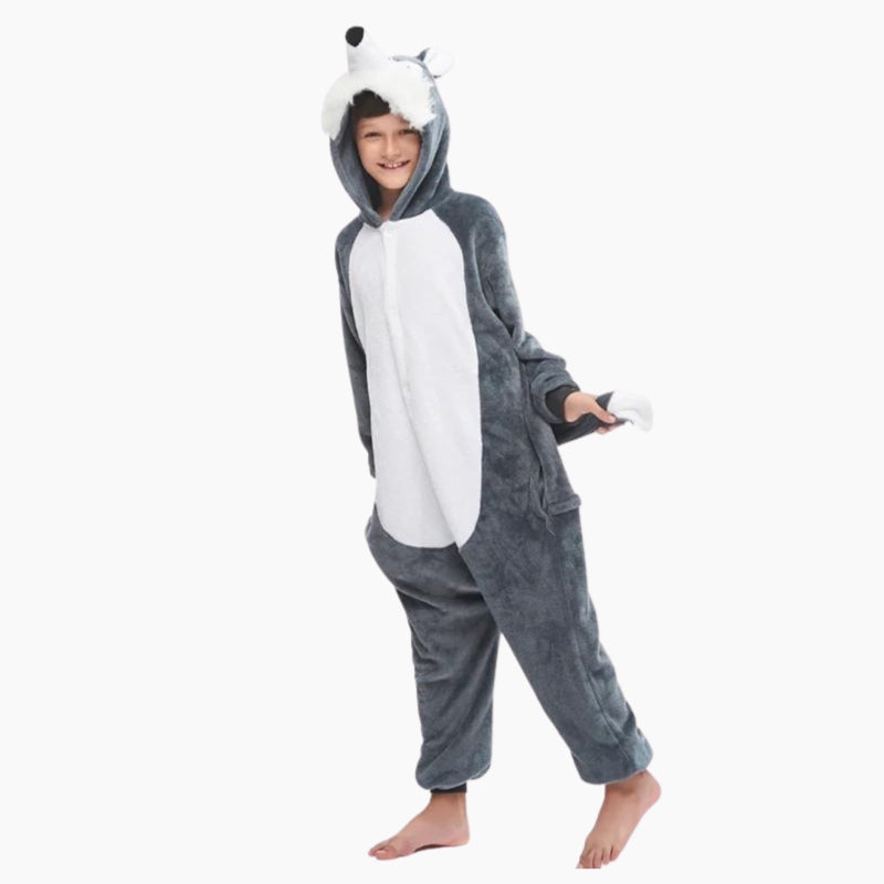 Vue de face d'un pyjama husky en polaire pour enfant