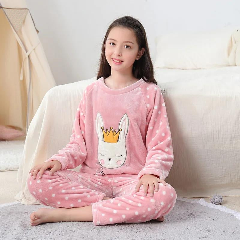 Pyjama rose en polaire avec motif lapin et couronne