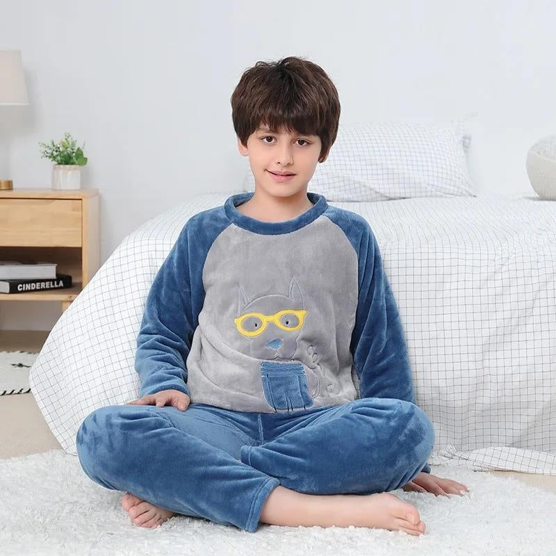Pyjama garçon polaire gris et bleu avec motif chien