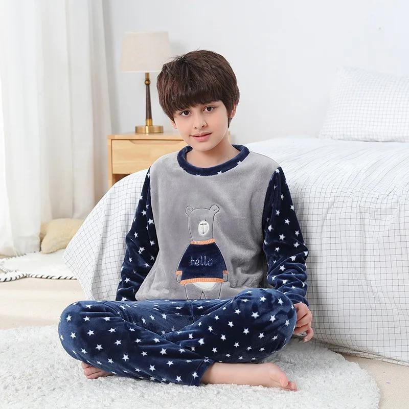 Pyjama garçon en velours polaire gris et bleu marine