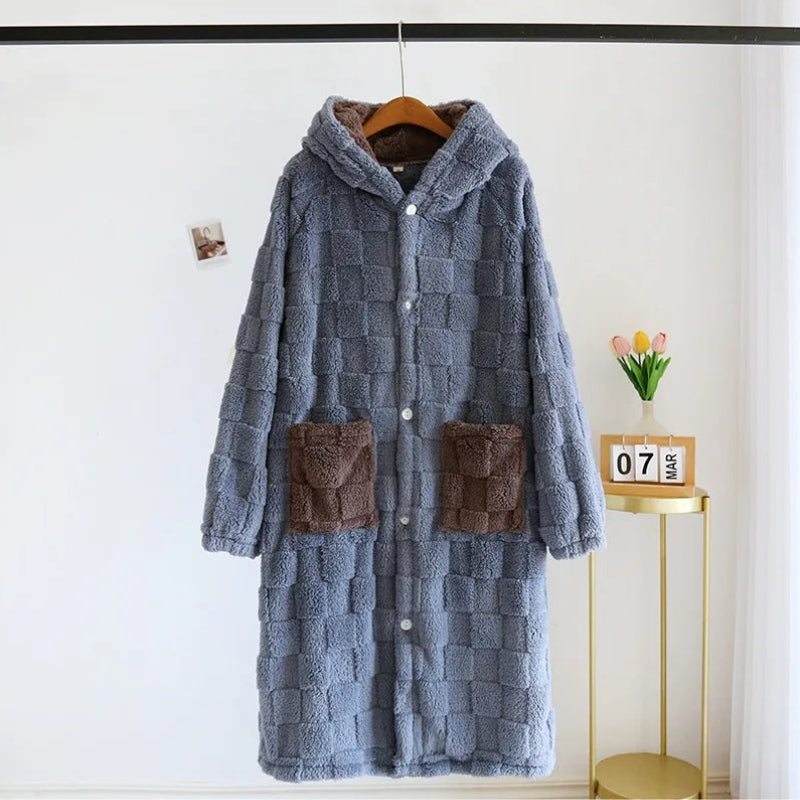 Robe de chambre homme en Pilou Pilou bleu gris avec capuche