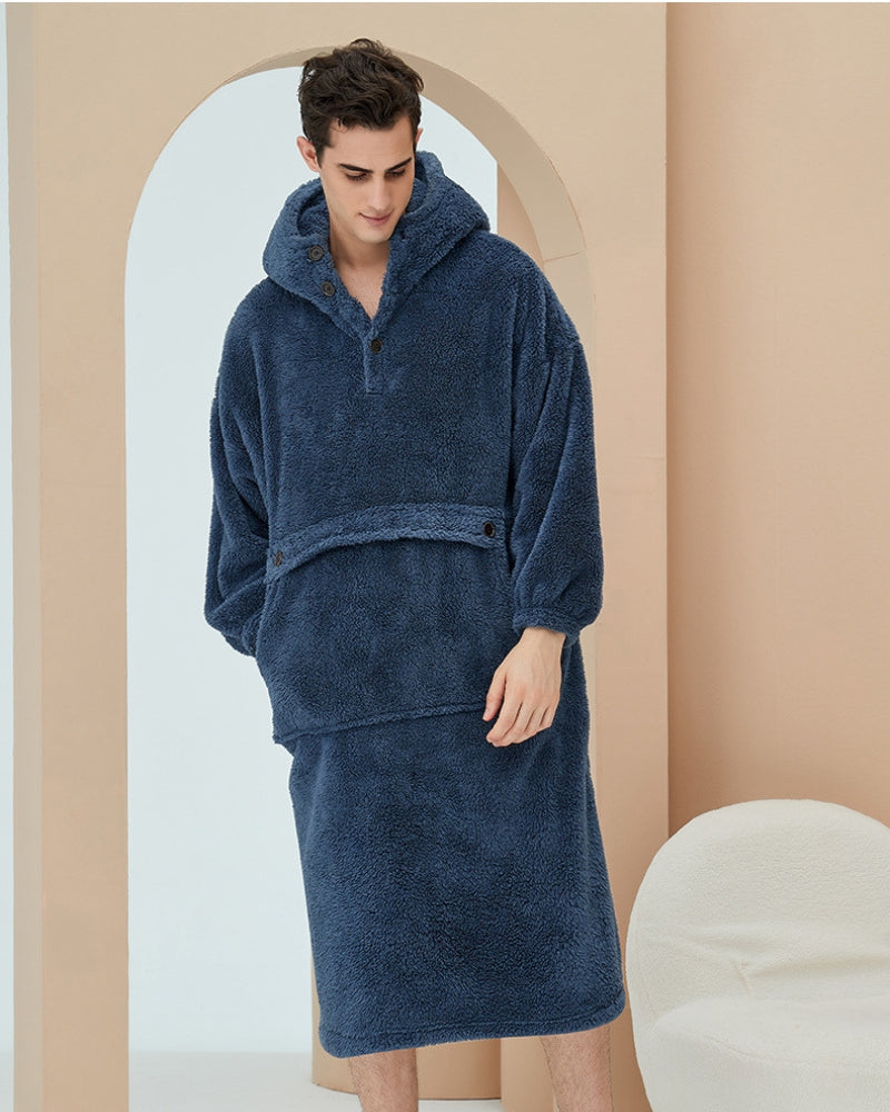 Robe de chambre bleue avec col montant et boutons