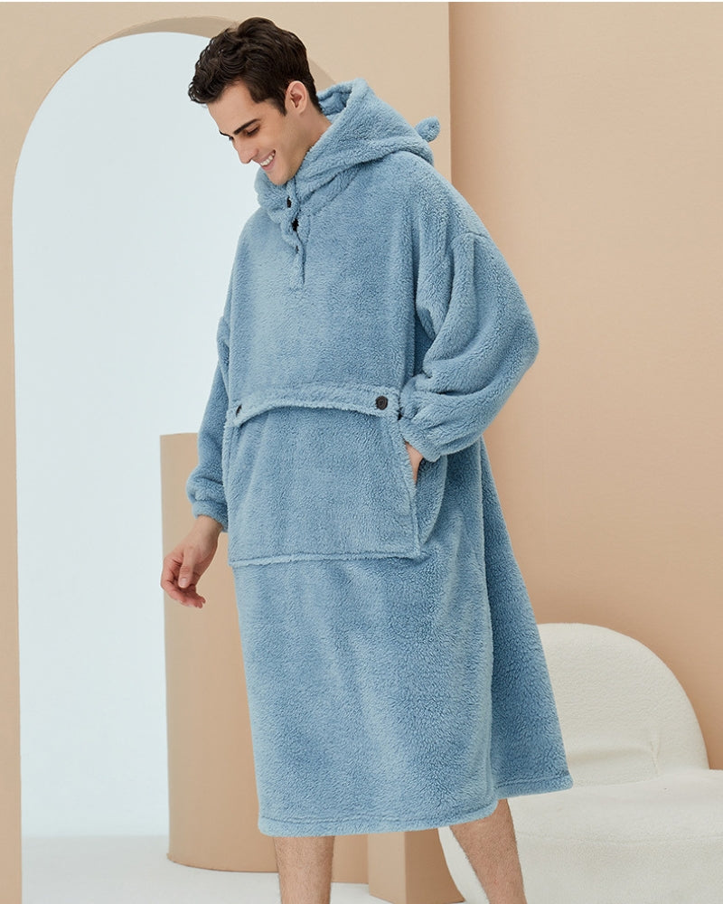 Robe de chambre polaire bleu ciel avec capuche et oreilles