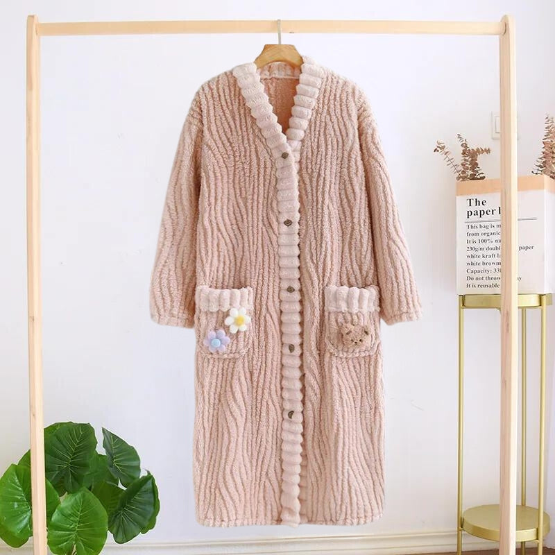 Robe de chambre longue rose en Pilou Pilou pour femme