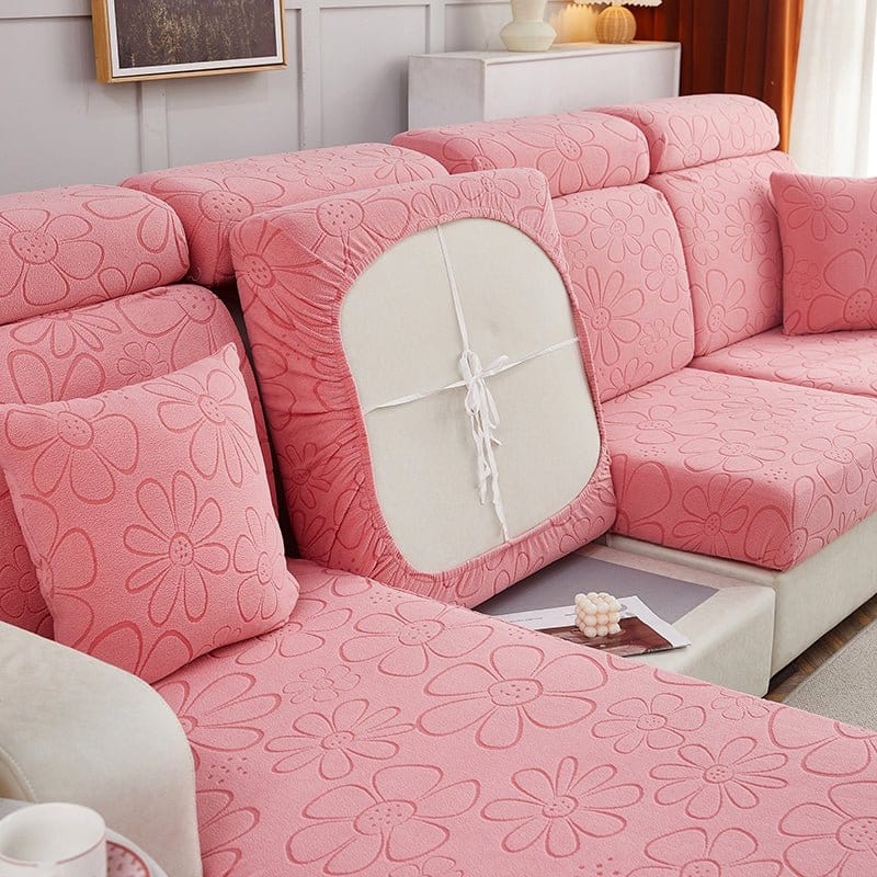 Détail du motif floral sur la housse polaire rose