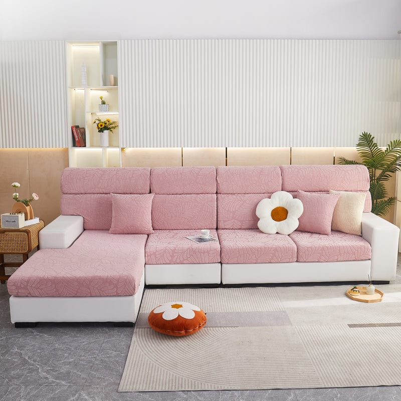 Coussin de canapé avec housse polaire rose, motif palmier en évidence
