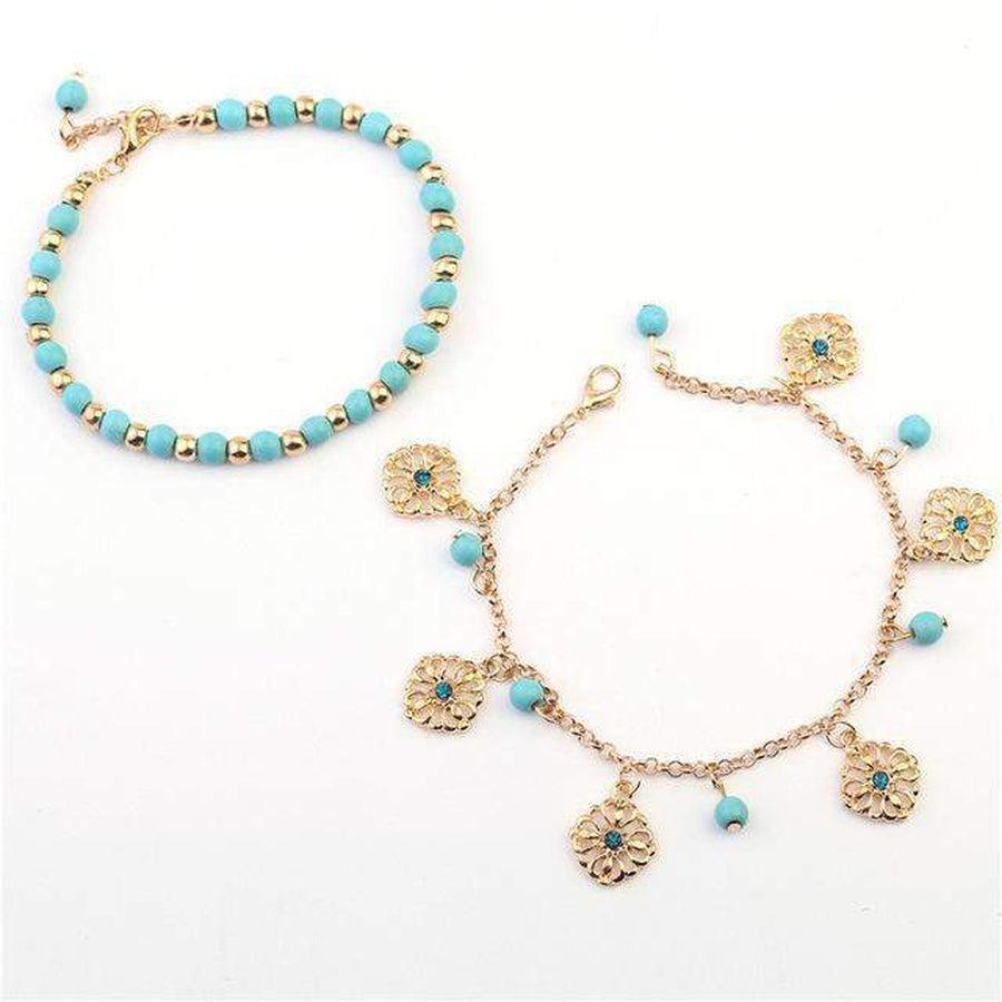 Bracelets ajustables avec pierres turquoise sur fond blanc