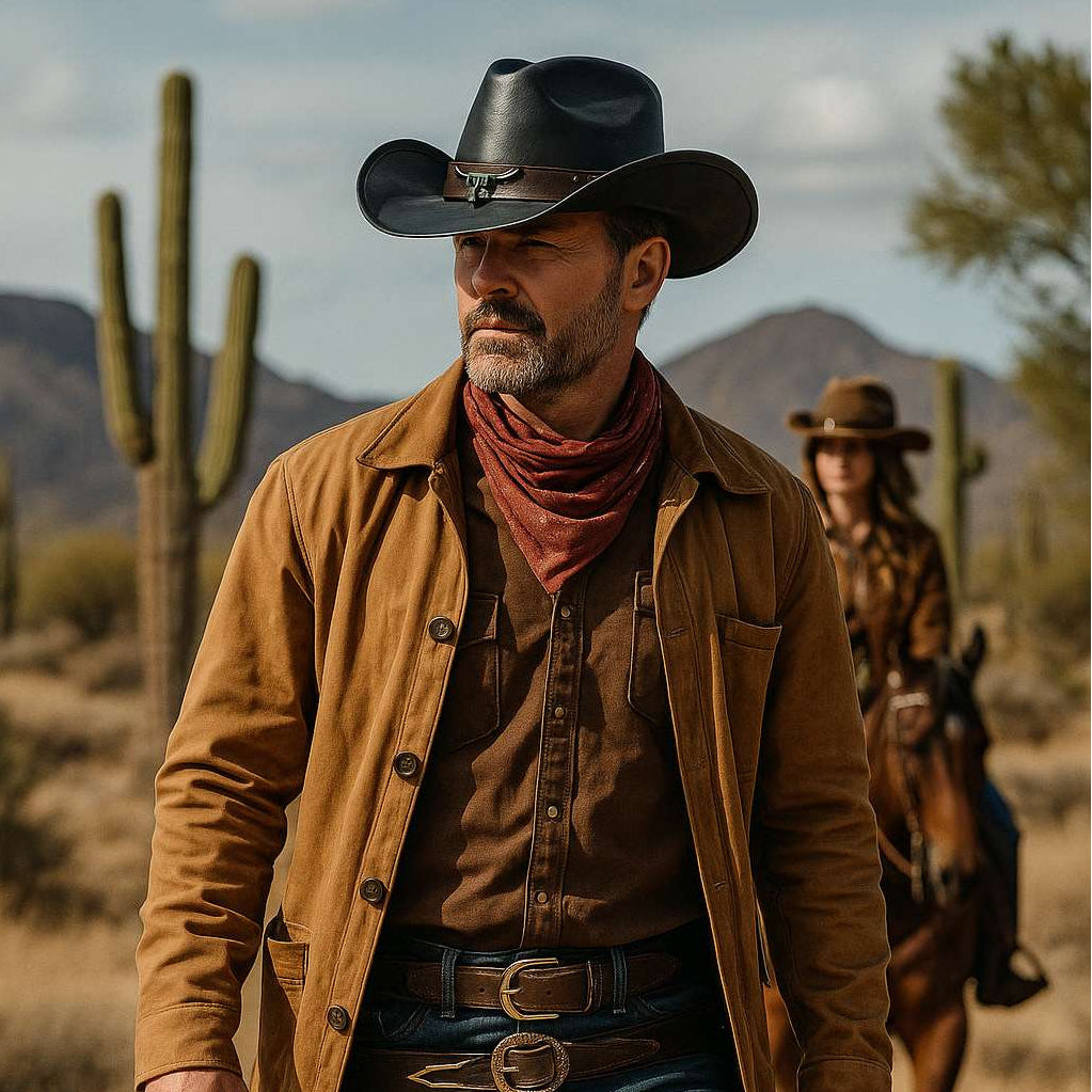 Chapeau cowboy en cuir noir avec large bordure