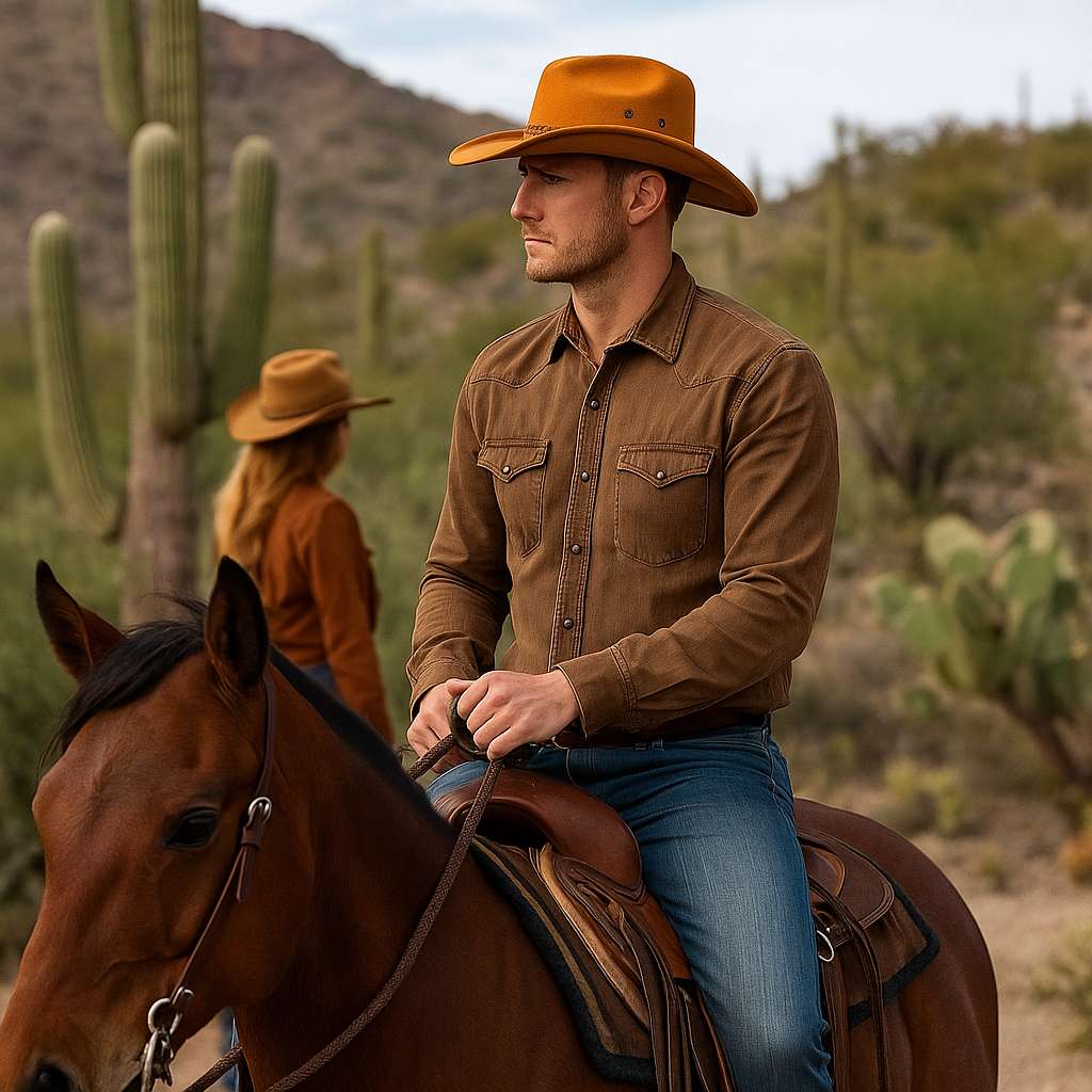 Cavalier sur cheval portant un chapeau cowboy orange