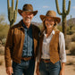 Couple portant des chapeaux cowboy dans un décor western