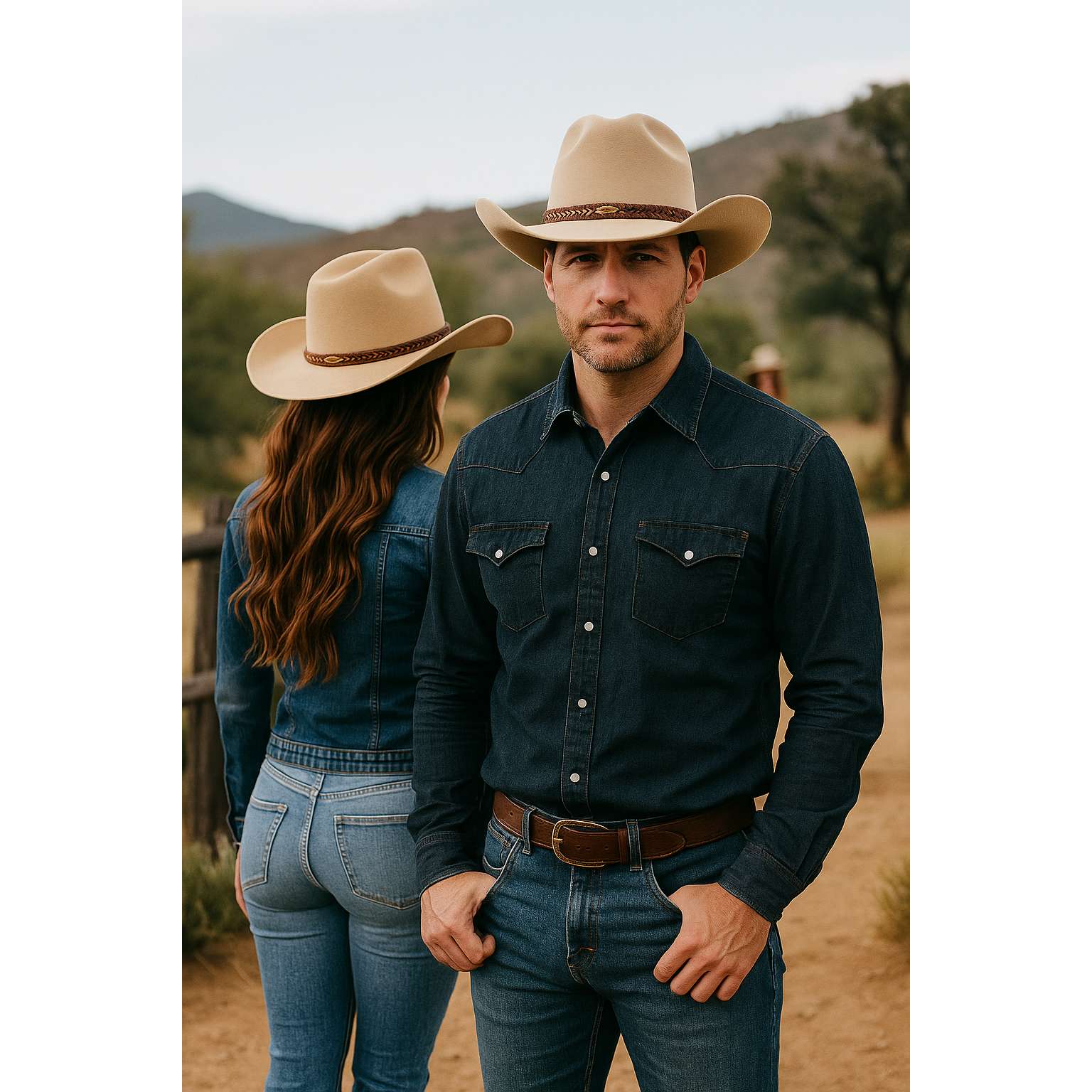 Couple portant des chapeaux cowboy beige en extérieur