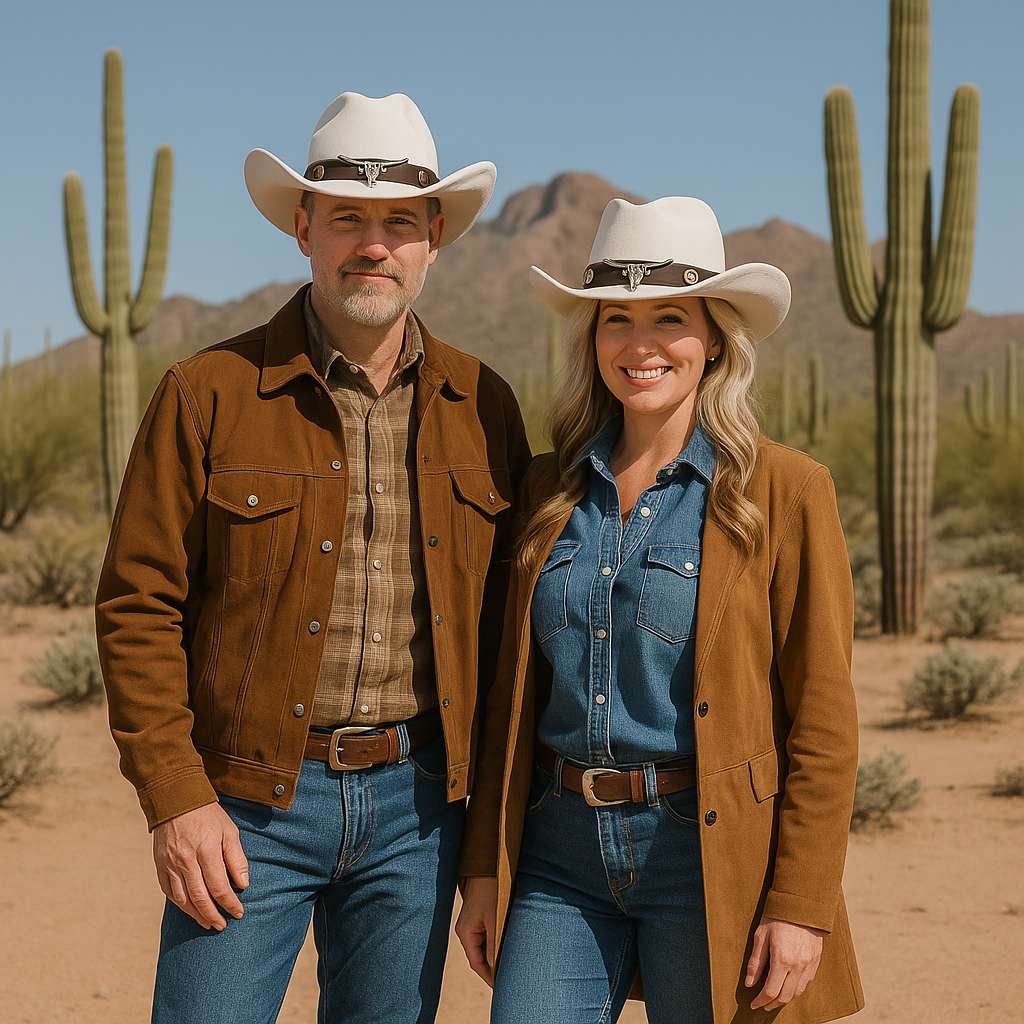 Couple portant des chapeaux cowboy blancs en extérieur