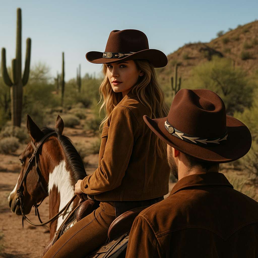 Couple portant des chapeaux cowboy marron dans un décor naturel