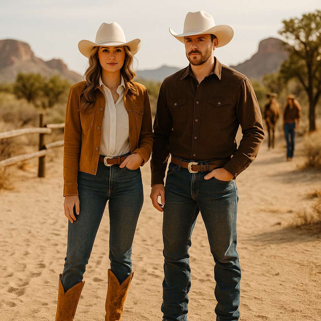 Couple portant des chapeaux cowboy blancs en extérieur