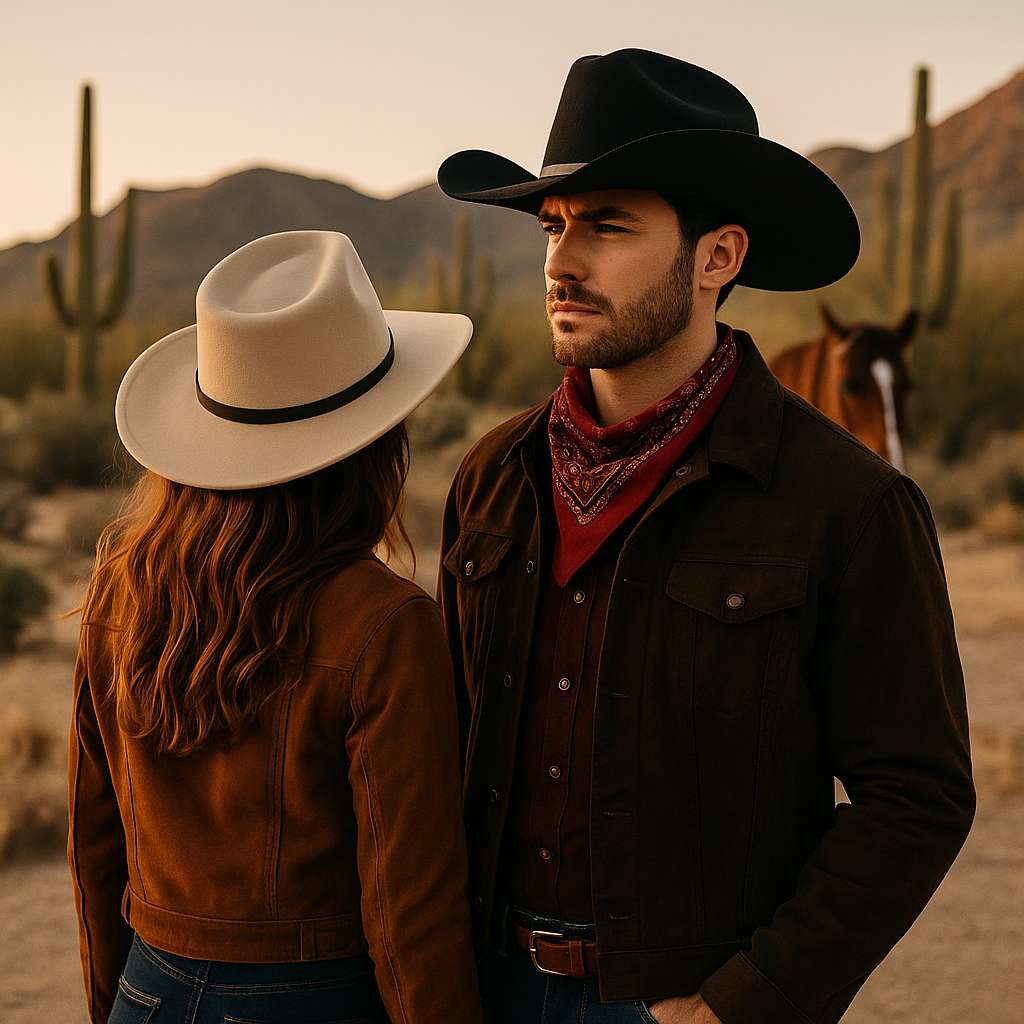 Couple portant des chapeaux cowboy assortis dans un paysage rural