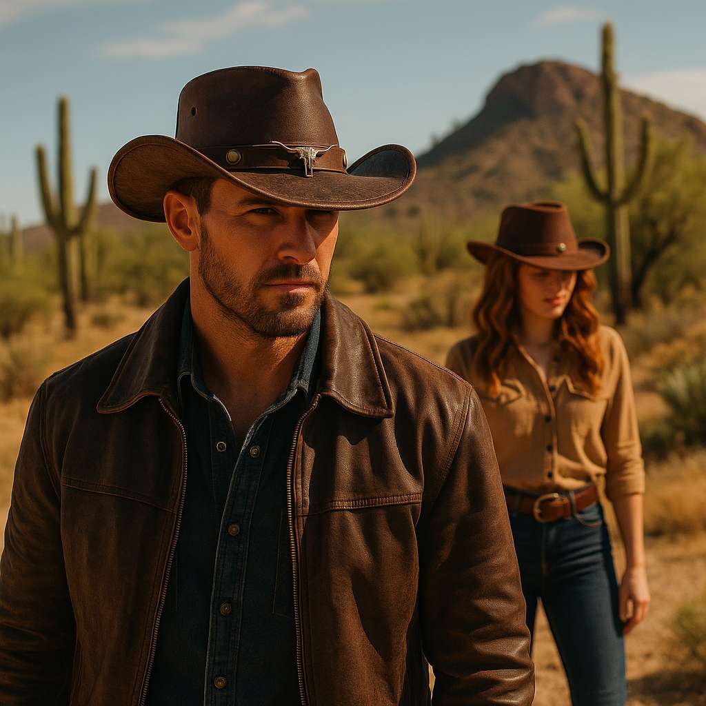 Couple portant des chapeaux cowboy marron en extérieur