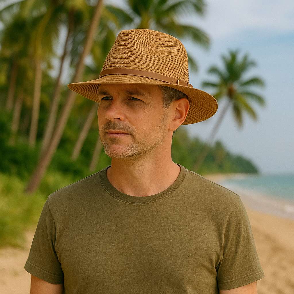 Homme portant un chapeau Panama sur une plage ensoleillée