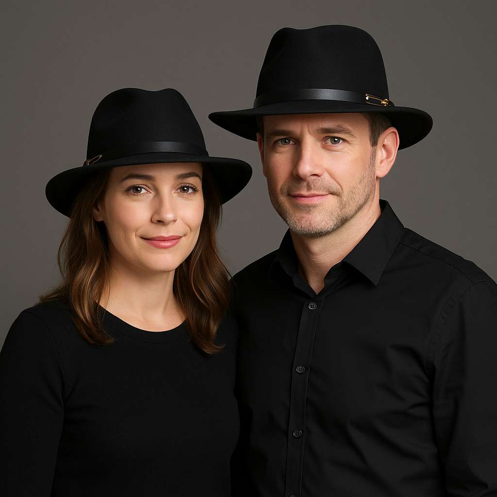 Couple portant des chapeaux Fedora noirs en studio