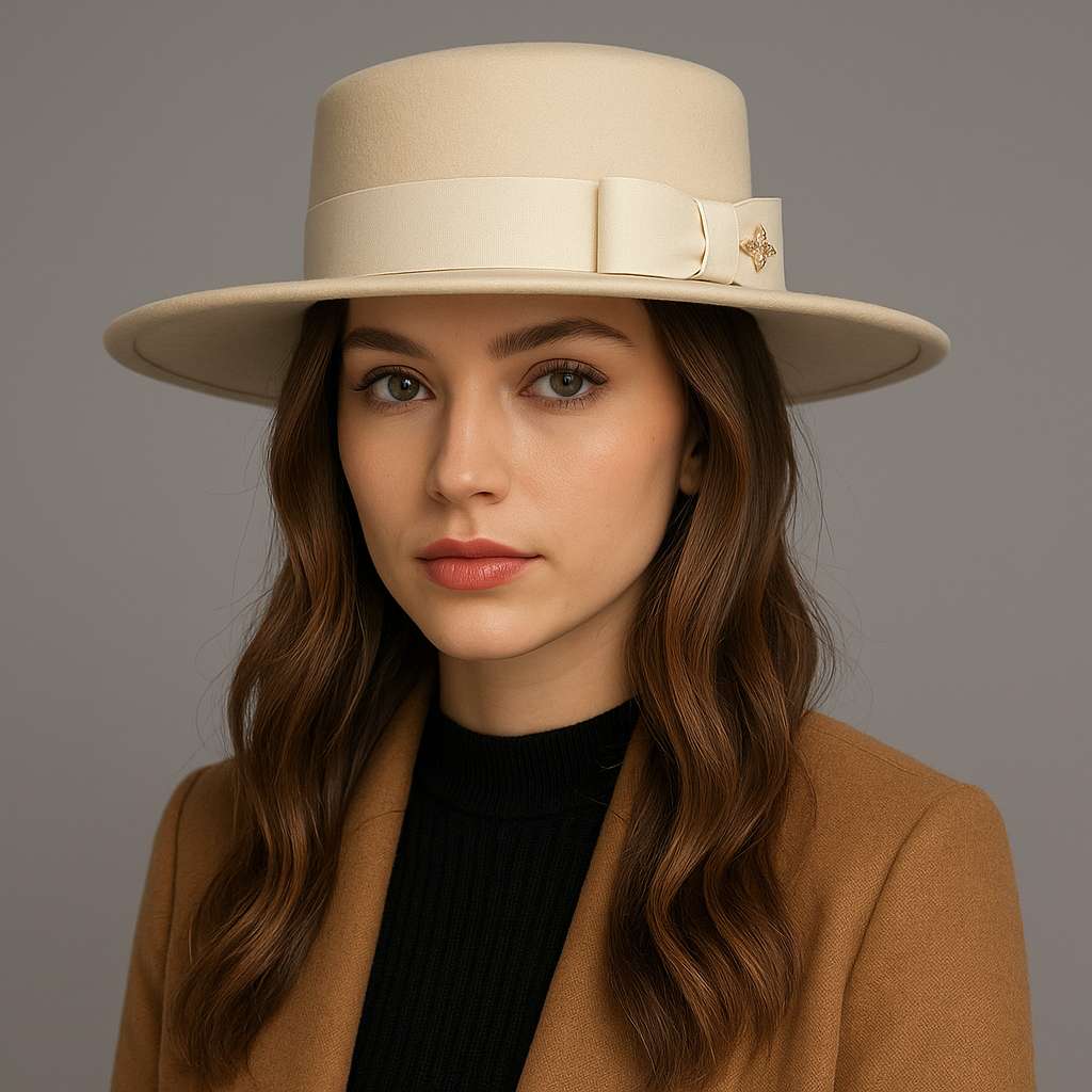 Femme portant un chapeau beige avec un nœud en studio