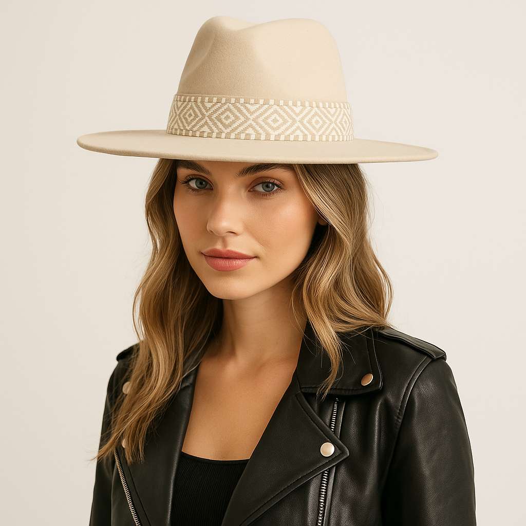 Femme portant un chapeau fedora beige en studio