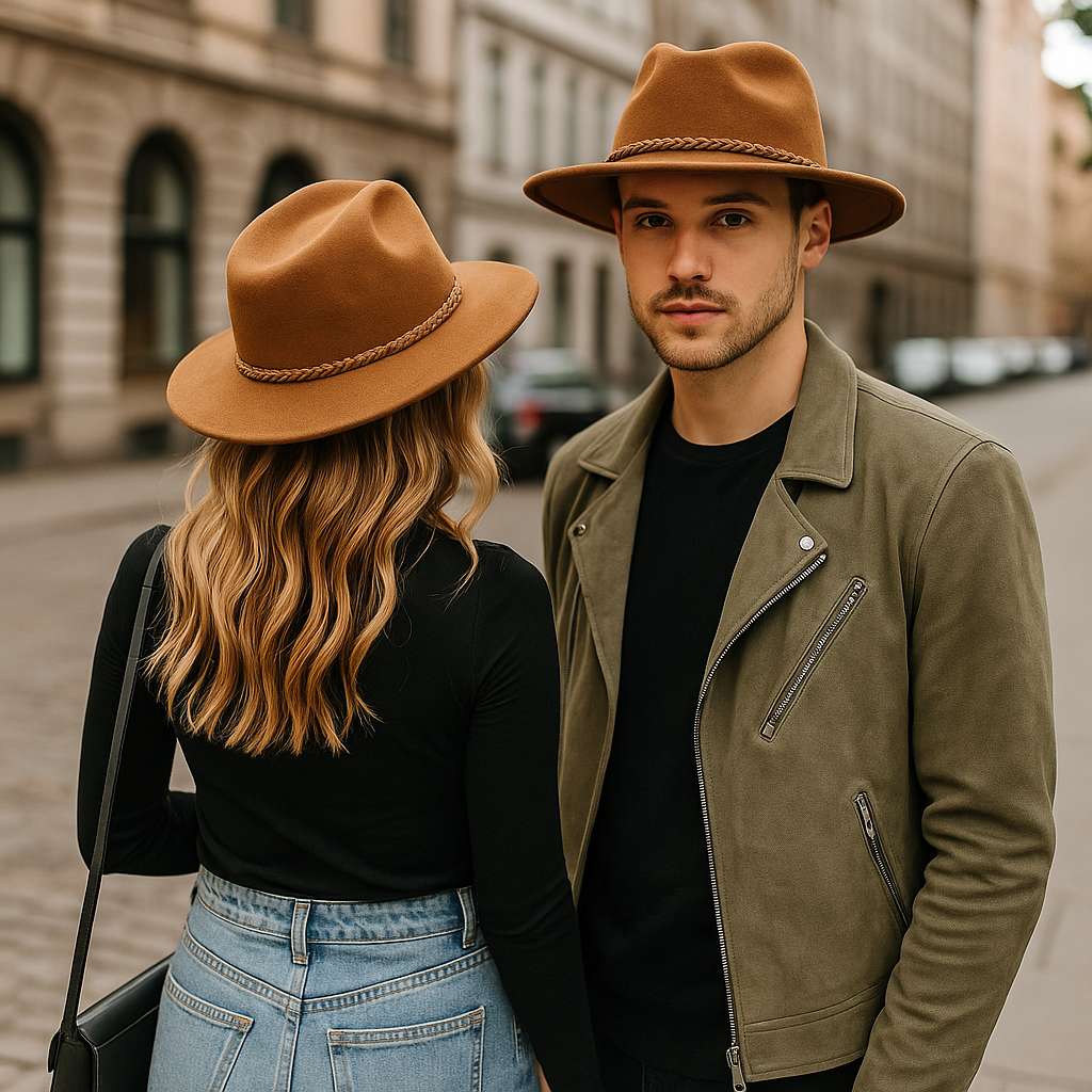 Couple urbain portant des chapeaux Fedora marron