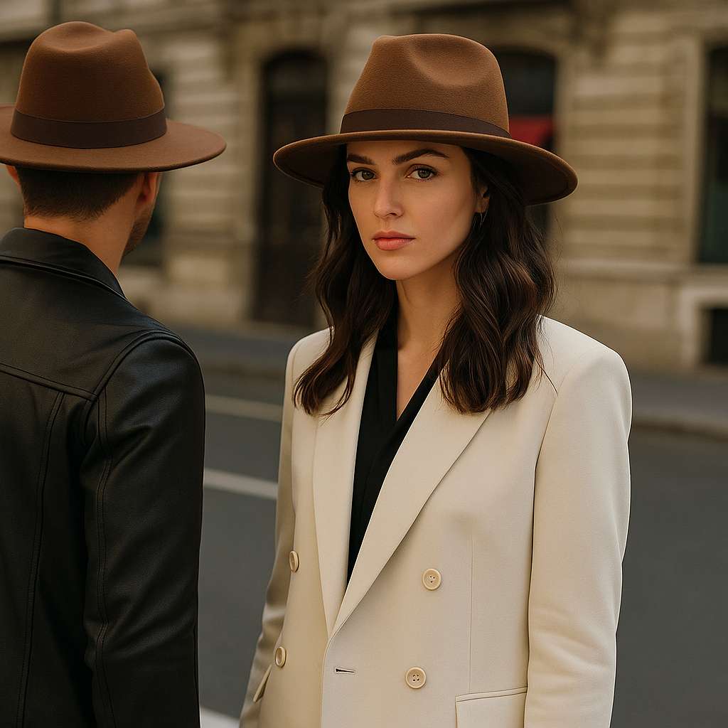 Couple portant des chapeaux marron en milieu urbain