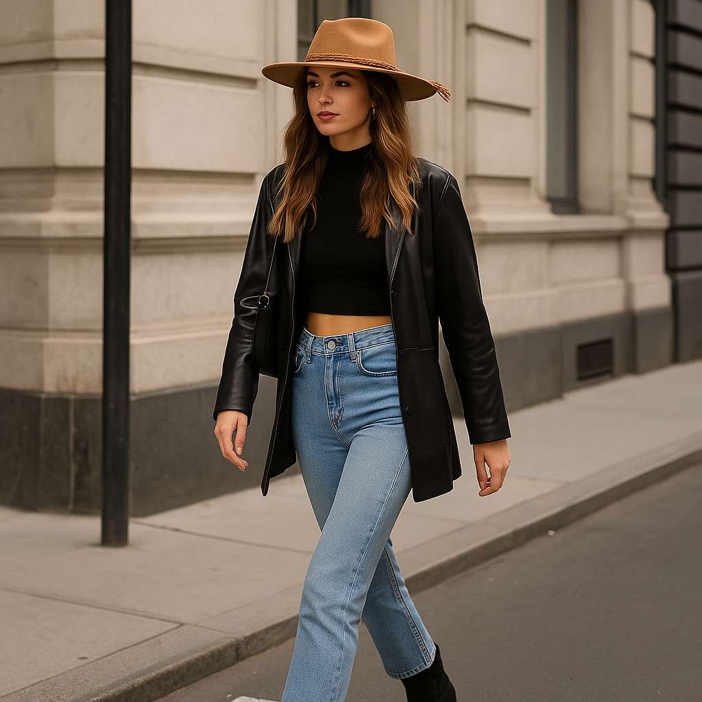 Femme en tenue urbaine portant un chapeau marron