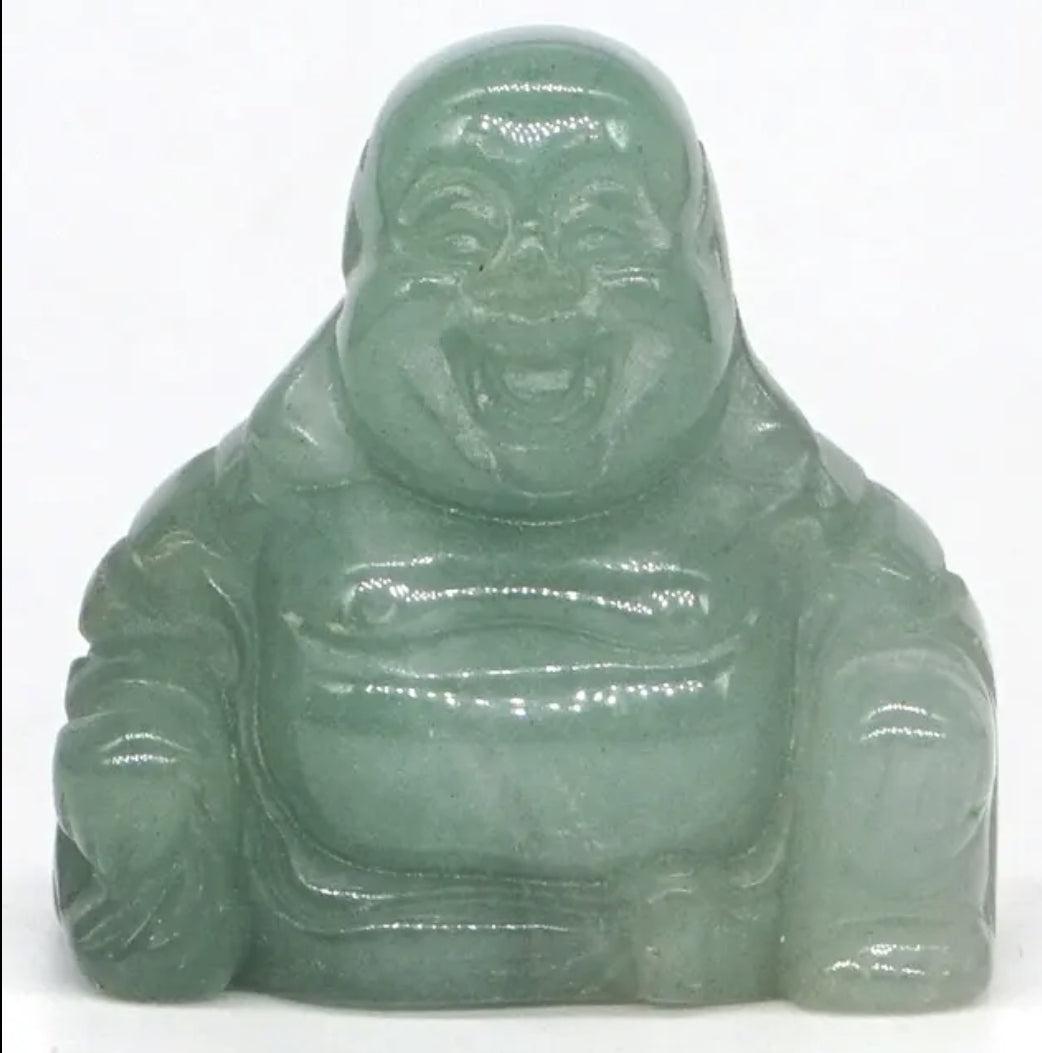 Bouddha rieur en cristal clair, reflet lumineux, fond neutre