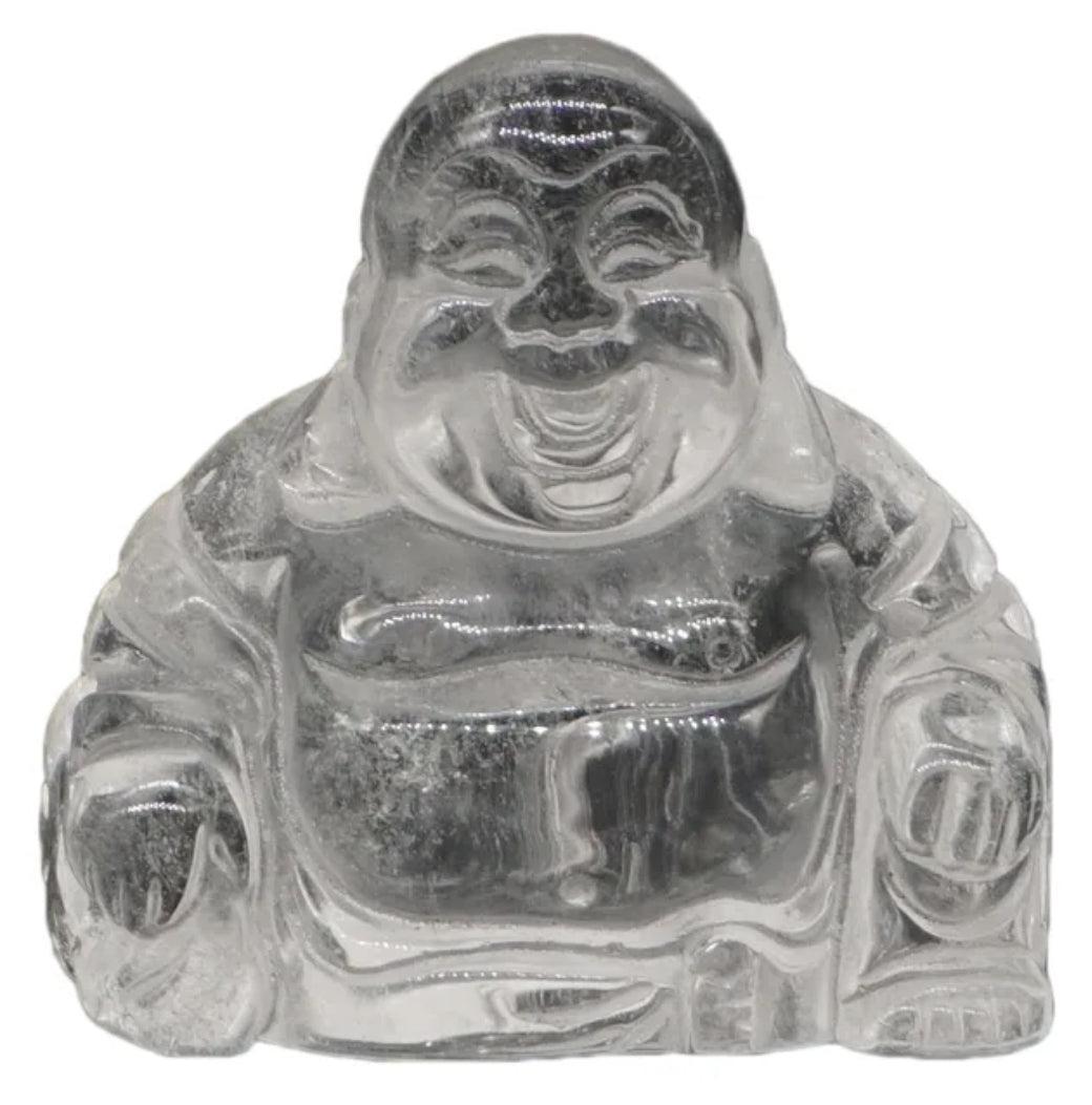 Bouddha rieur en opale, couleurs chatoyantes, fond uni