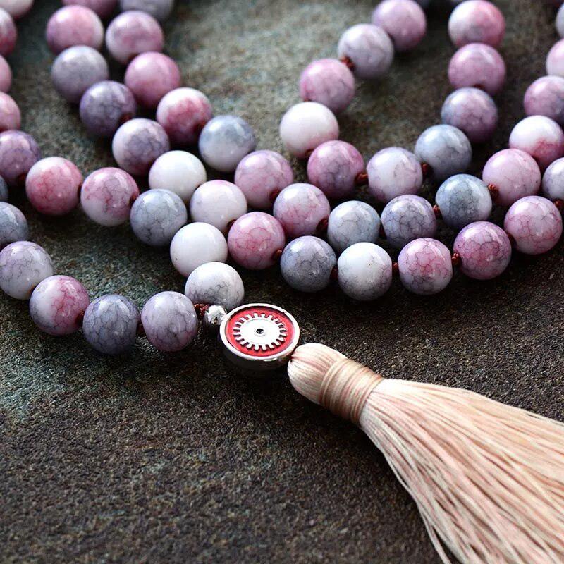 Mala de méditation en rhodonite givrée avec bracelet assorti