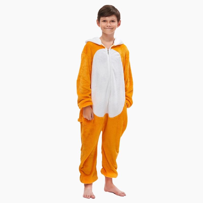 Enfant portant un surpyjama renard orange et blanc en polaire