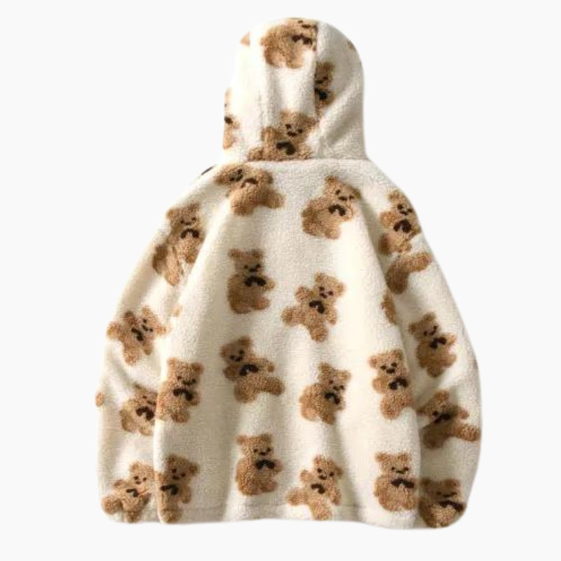 Sweat crème à motifs oursons, capuche zippée