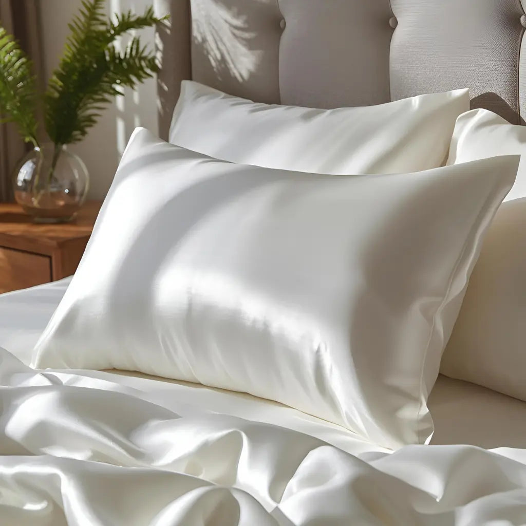 Taie d'oreiller en soie blanche 30 momme sur un lit