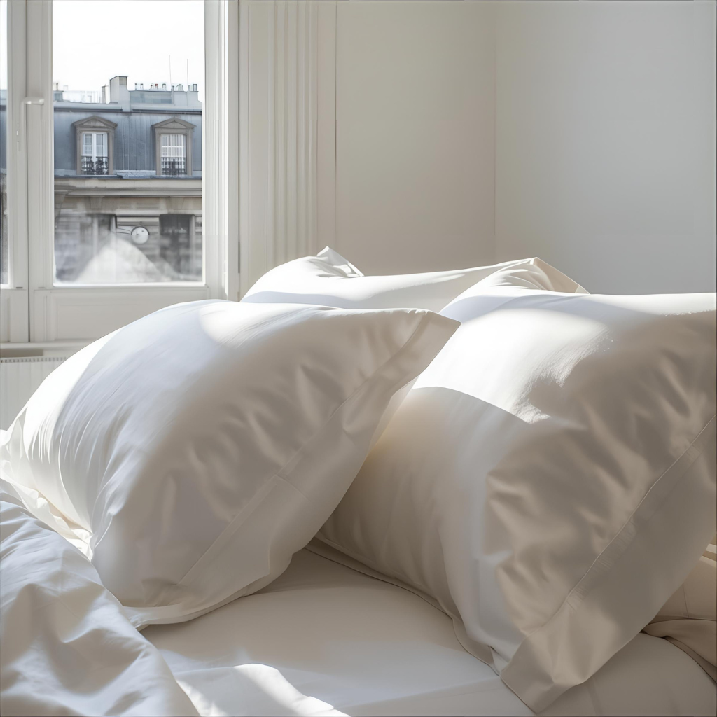 Taie d'oreiller blanche posée sur un lit