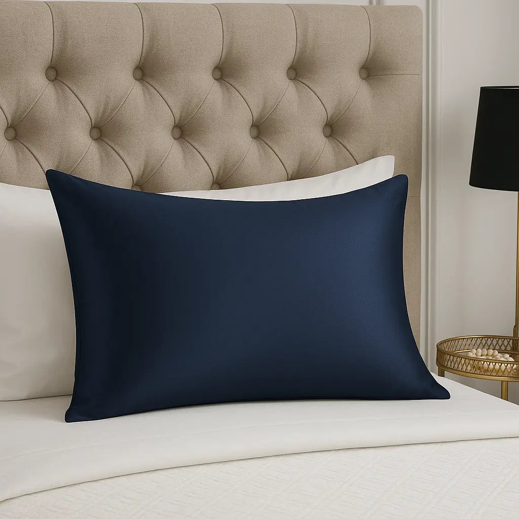 Taie d'oreiller en soie bleu marine sur lit