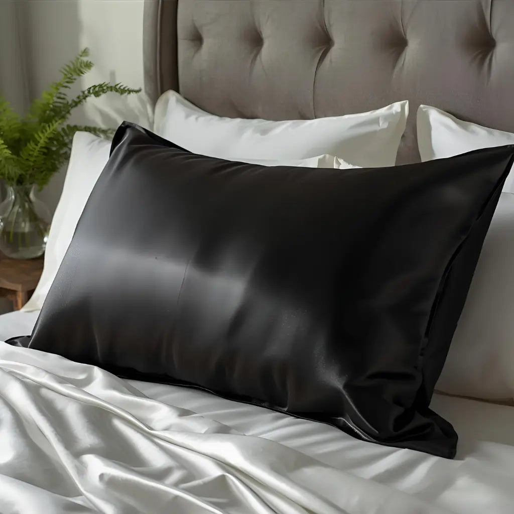 Taie d'oreiller en soie noire sur un lit