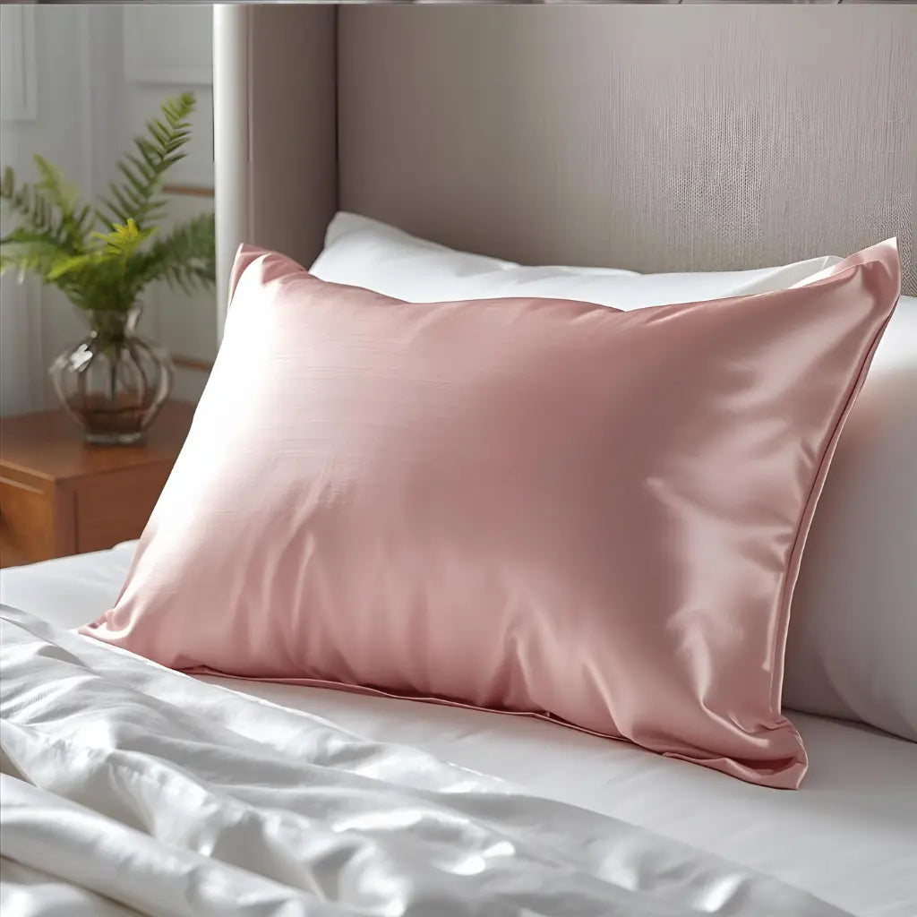 Taie d'oreiller en soie rose sur lit blanc