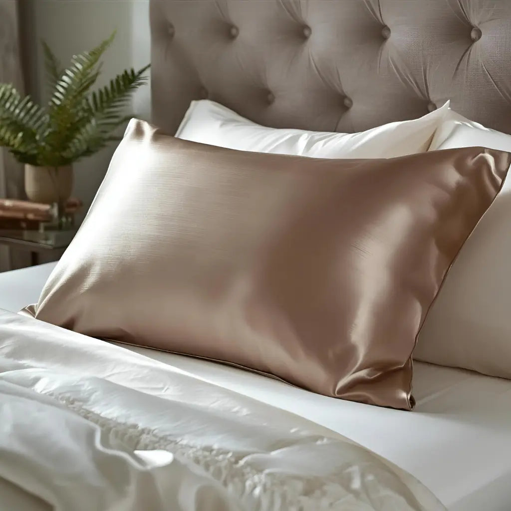 Taie d'oreiller en soie taupe sur fond blanc
