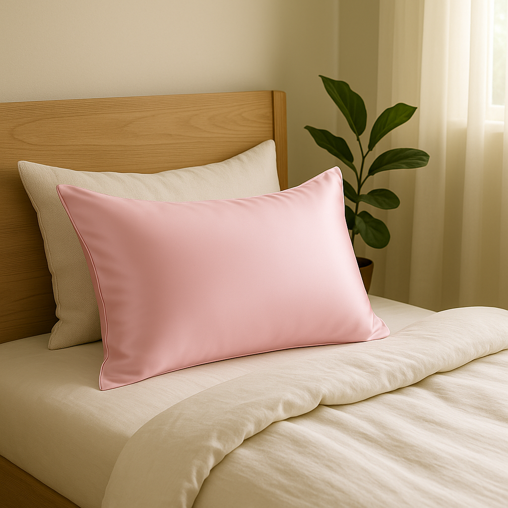 Taie d'oreiller en soie rose poudré sur fond blanc
