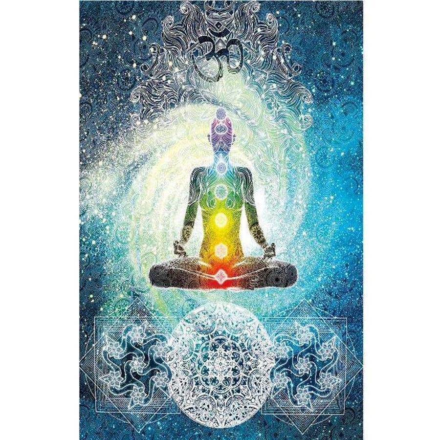 Bouddha en position du Lotus avec chakras colorés alignés