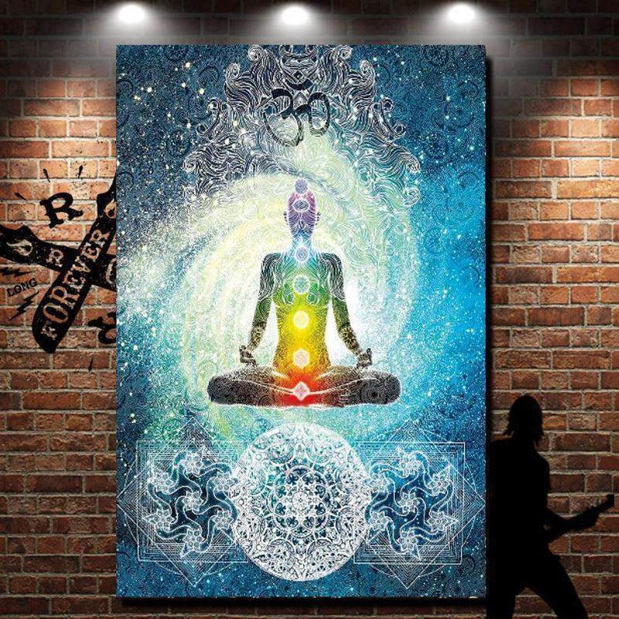 Vue d'ensemble de la toile avec Bouddha et mandalas colorés